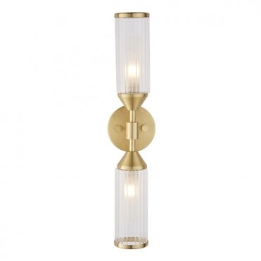 Ribbed And Frosted Glass Satin Brass Double Wall Light