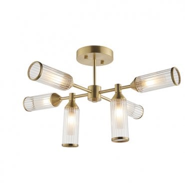 Ribbed And Frosted Glass Satin Brass Semi-Flush