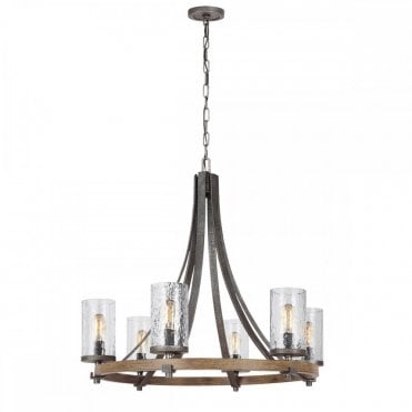 rustic 6 light chandelier in distressed wood and slate metal