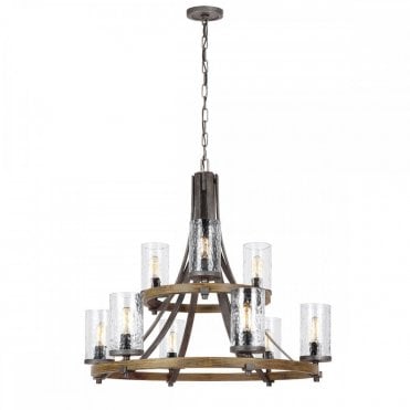 rustic 9 light 2-tier chandelier in oak and slate with textured glass 
