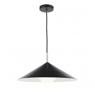matte black ceiling pendant with matching wide coolie shade and chrome details