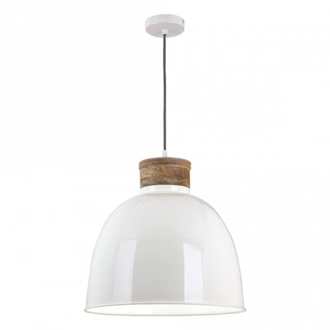 APHRA Glossy Cream Ceiling Pendant with Mango Wood Detailing