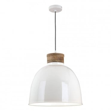 APHRA Glossy Cream Ceiling Pendant with Mango Wood Detailing