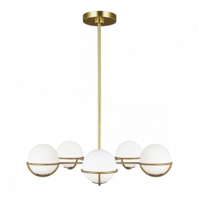 APOLLO 5 Light Chandelier Burnished Brass with White opal etched glass globes within spherical frames