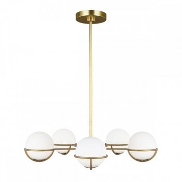 APOLLO 5 Light Chandelier Burnished Brass with White opal etched glass globes within spherical frames