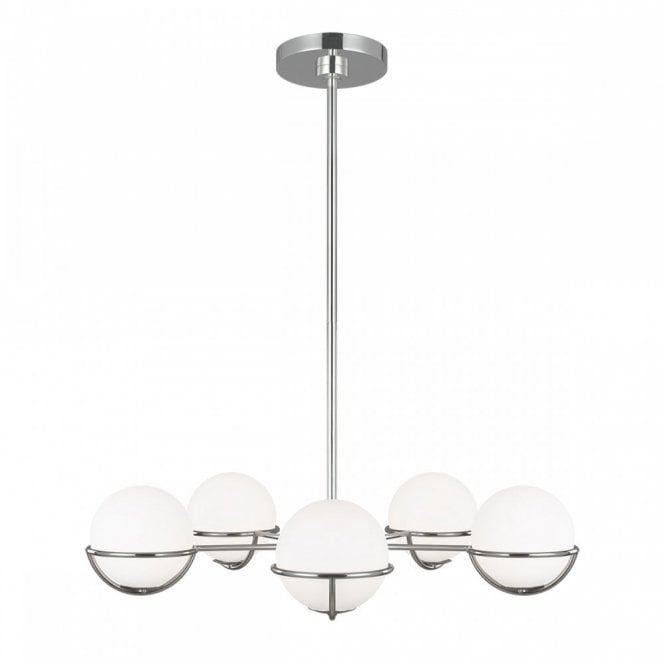 APOLLO 5 Light Chandelier Polished Nickel with White opal etched glass globes within spherical frames