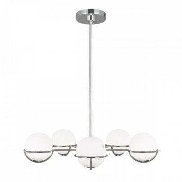 APOLLO 5 Light Chandelier Polished Nickel with White opal etched glass globes within spherical frames