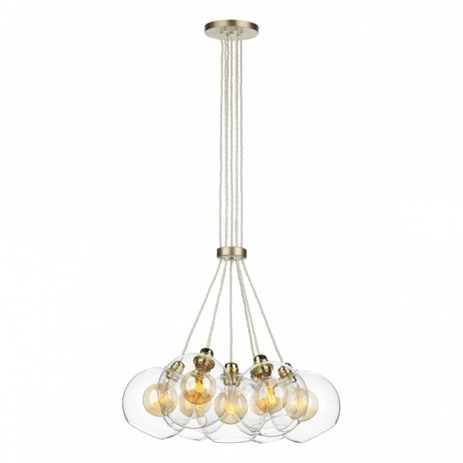 APOLLO 7 Light Pendant Cluster Butter Brass complete with Clear Glass Globe Shades