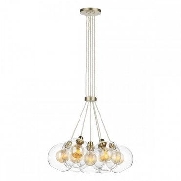 APOLLO 7 Light Pendant Cluster Butter Brass complete with Clear Glass Globe Shades