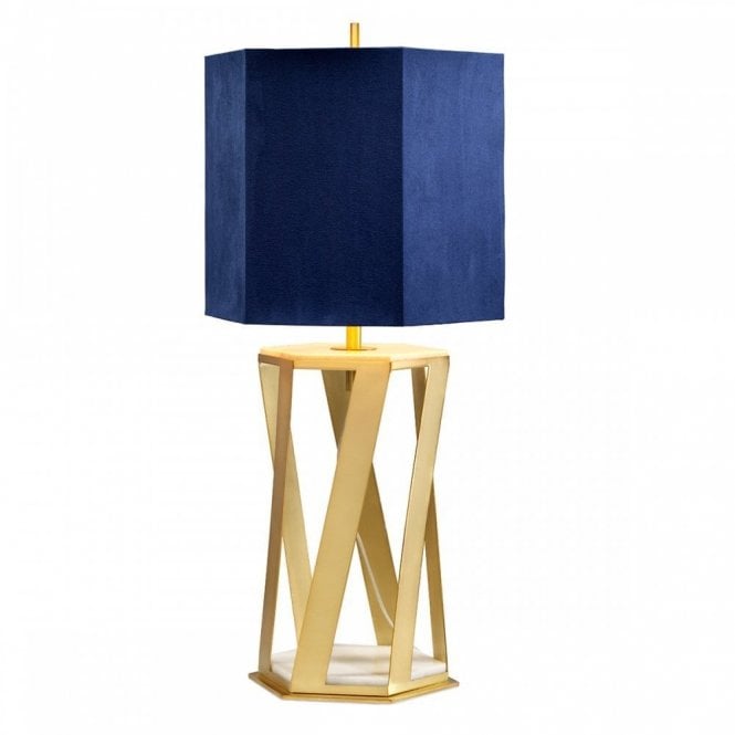 APOLLO Table Lamp Criss Cross Brushed Brass with Navy Hexagonal Shade