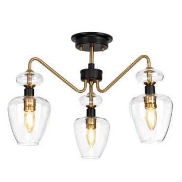ARMAND 3 Light Semi Flush - in Charcoal and Aged Brass finish with clear glass shades