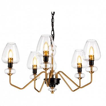 ARMAND 5 Light pendant in charcoal and aged brass with clear glass shades