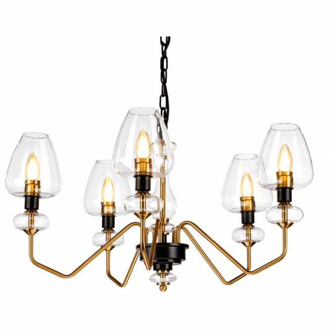 ARMAND 5 Light pendant in charcoal and aged brass with clear glass shades