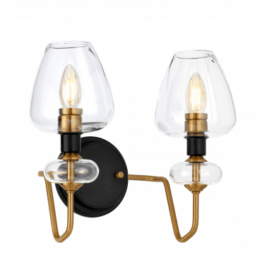 ARMAND Twin Wall Light in Charcoal and Aged Brass finish with clear glass shades