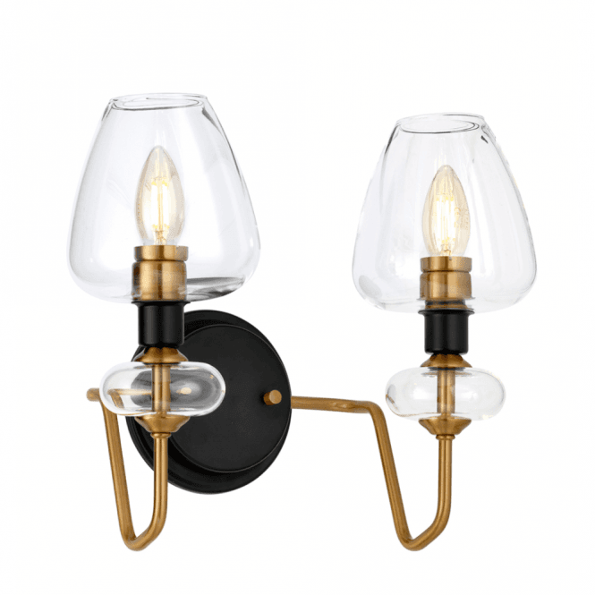 ARMAND Twin Wall Light in Charcoal and Aged Brass finish with clear glass shades