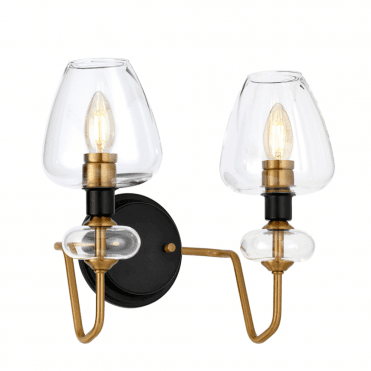 ARMAND Twin Wall Light in Charcoal and Aged Brass finish with clear glass shades
