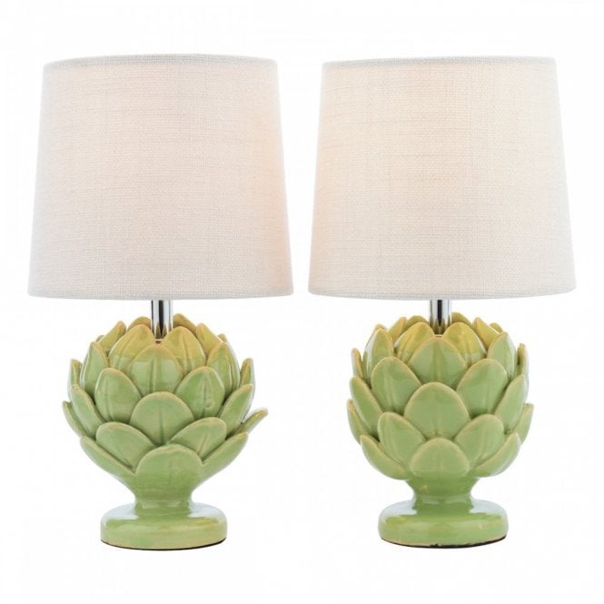 Artichoke Table Lamp - Green Ceramic with Natural Linen Shade (Twin Pack)