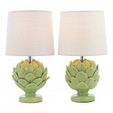 twin pack of ceramic artichoke lamps in green with ivory linen drum shades