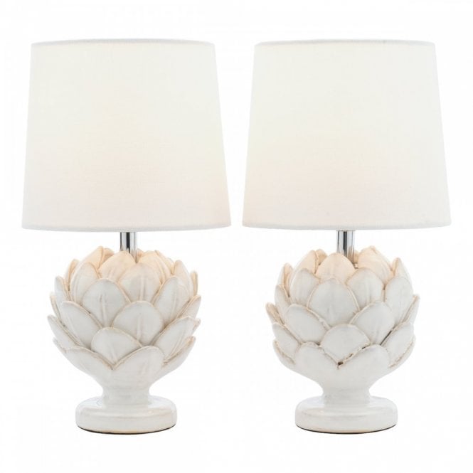 Artichoke Table Lamp - White Ceramic with Ivory Linen Shade (Twin Pack)