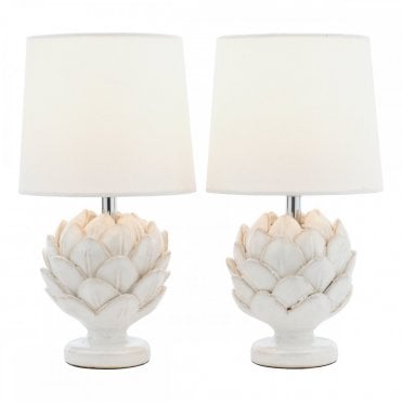 twin pack of ceramic artichoke table lamps in ivory with matching linen drum shades