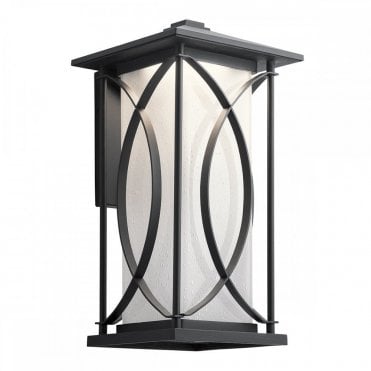 black exterior wall lantern with frosted shade and decorative metal semicircles