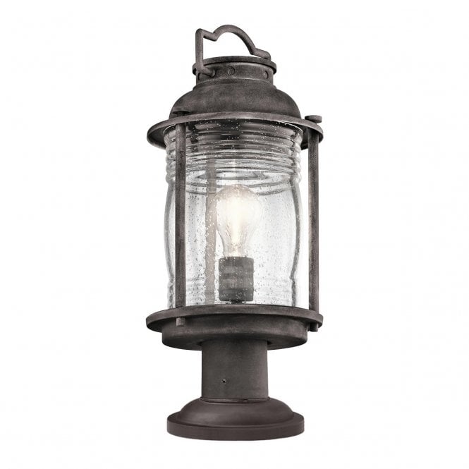 ASHLAND BAY Exterior Pedestal Lantern Weathered Zinc Seeded Glass
