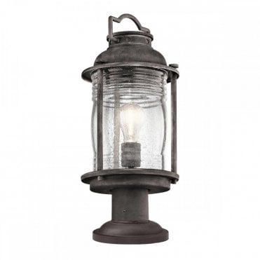 ASHLAND BAY Exterior Pedestal Lantern Weathered Zinc Seeded Glass
