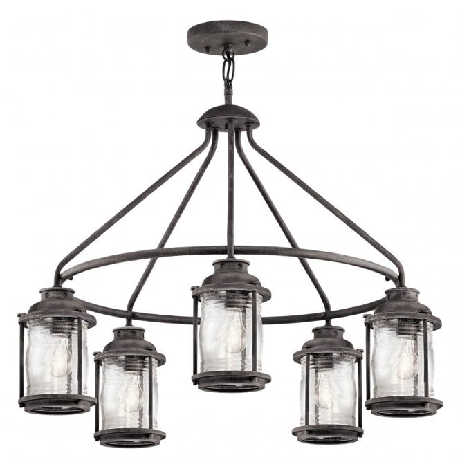 ASHLAND Exterior 5 Light Chandelier Weathered Zinc Seeded Glass