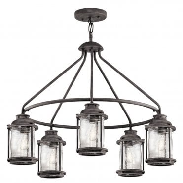 Exterior 5 Light Chandelier Weathered Zinc Seeded Glass