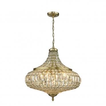 6 Light Ceiling Pendant in Antique Brass & Crystal