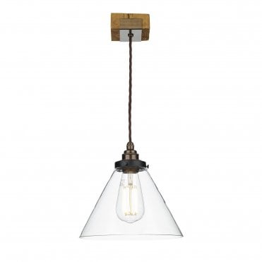 ASPEN Ceiling Pendant Wood Effect with Tapered Clear Glass Shade