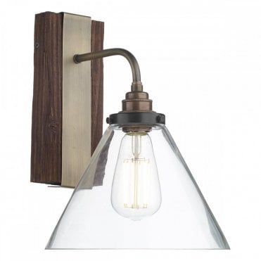 ASPEN Wall Light Wood Effect, Antique Brass with Clear Tapered Glass Shade