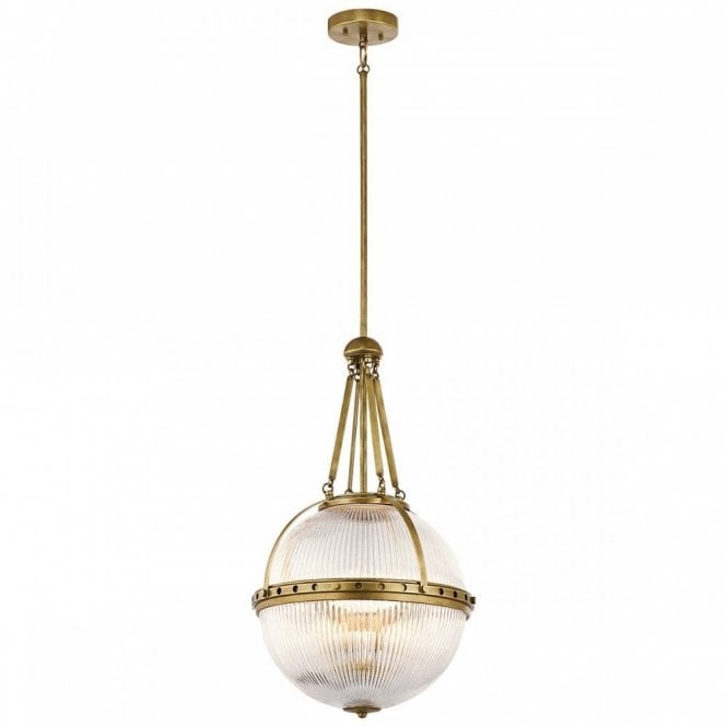 ASTER 3 Light Ceiling Pendant in Natural Brass with Ribbed Glass Dome