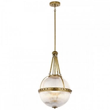 ASTER 3 Light Ceiling  Pendant in Natural Brass with Ribbed Glass Dome