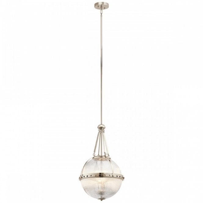 ASTER 3 Light Ceiling Pendant in Polished Nickel with Ribbed Glass Dome