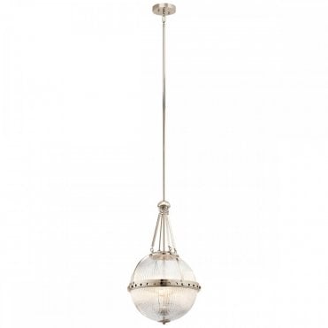 ASTER 3 Light Ceiling Pendant in Polished Nickel with Ribbed Glass Dome