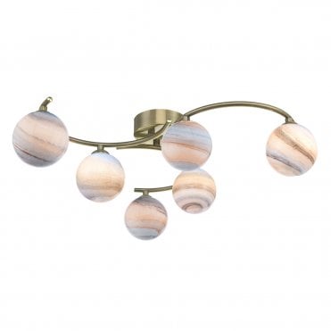 ATIYA 6 Light Semi Flushed Antique Brass With Planet Style Glass