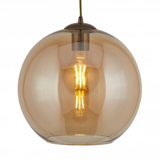 BALLS Single Round ceiling Pendant (25Cm Dia) Amber Glass Antique Brass