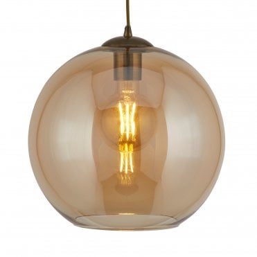 BALLS Single Round ceiling Pendant (25Cm Dia) Amber Glass Antique Brass