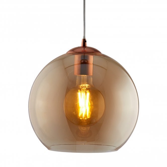 BALLS Single Round Pendant (30Cm Dia) Amber Glass Antique Brass