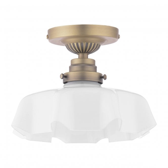 Banham Matt Antique Brass Semi-Flush Ceiling Light with White Glass Shade