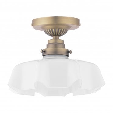 matt antique brass ceiling light with fluted edge white glass shade