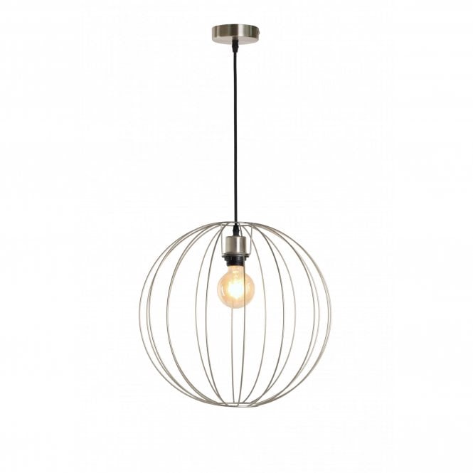 BASTION Ceiling Pendant Light Satin Nickel Globe Cage Wire Medium