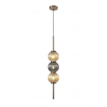 BEADED 3 x G9 Ceiling Pendant Light Antique Brass/Smoked & Amber Glass