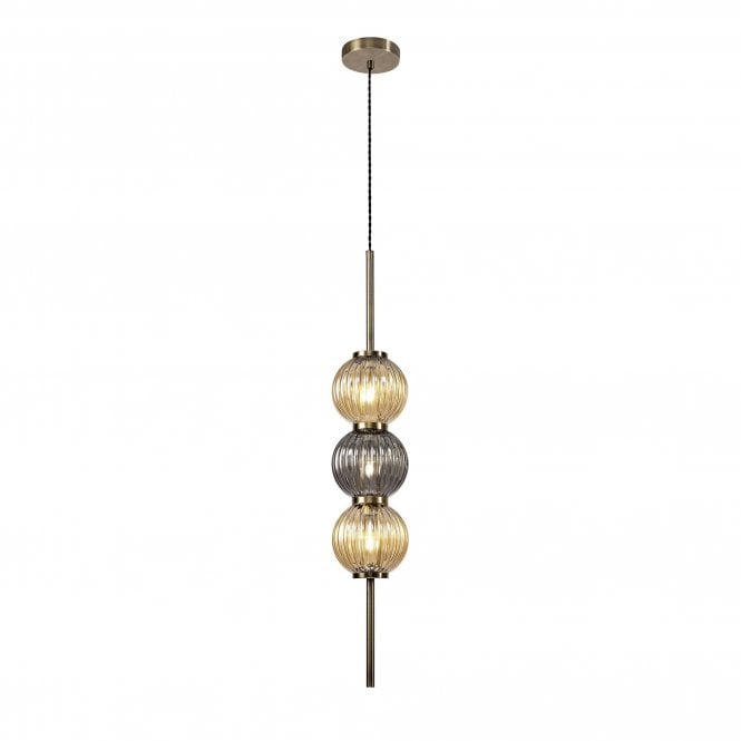 BEADED 3 x G9 Ceiling Pendant Light Antique Brass/Smoked & Amber Glass