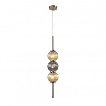 BEADED 3 x G9 Ceiling Pendant Light Antique Brass/Smoked & Amber Glass