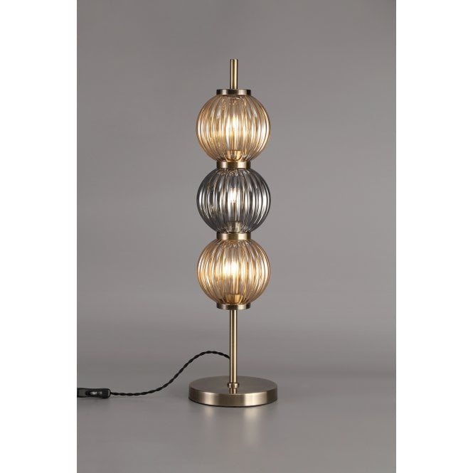 BEADED 3 x G9 Table Lamp Antique Brass/Smoked & Amber Glass