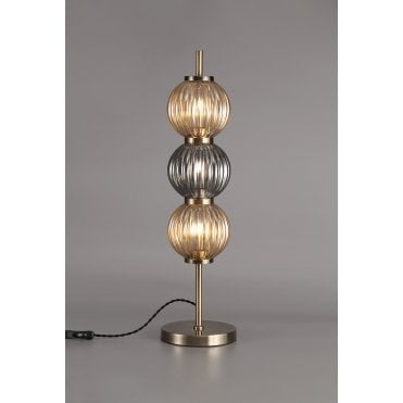 BEADED 3 x G9 Table Lamp Antique Brass/Smoked & Amber Glass