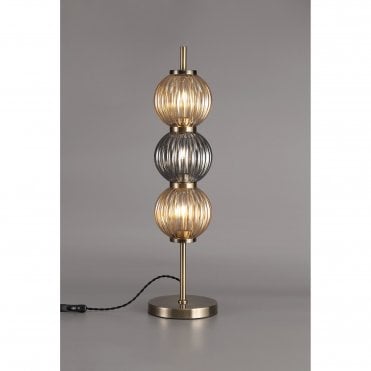 BEADED 3 x G9 Table Lamp Antique Brass/Smoked & Amber Glass