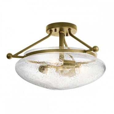 3 light semi flush in bronze with bulbous seeded glass shade